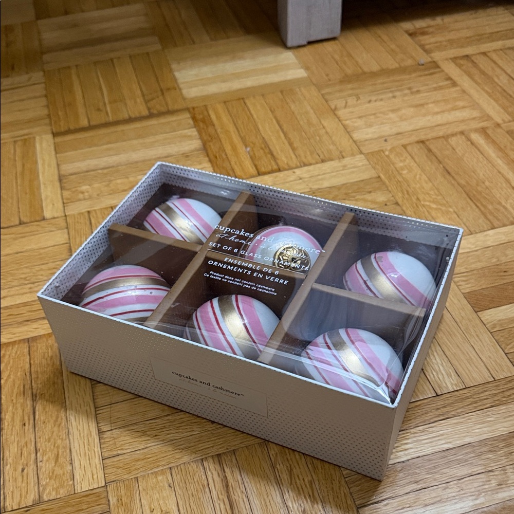 Set of Pink, White & Gold Striped Glass Ornaments